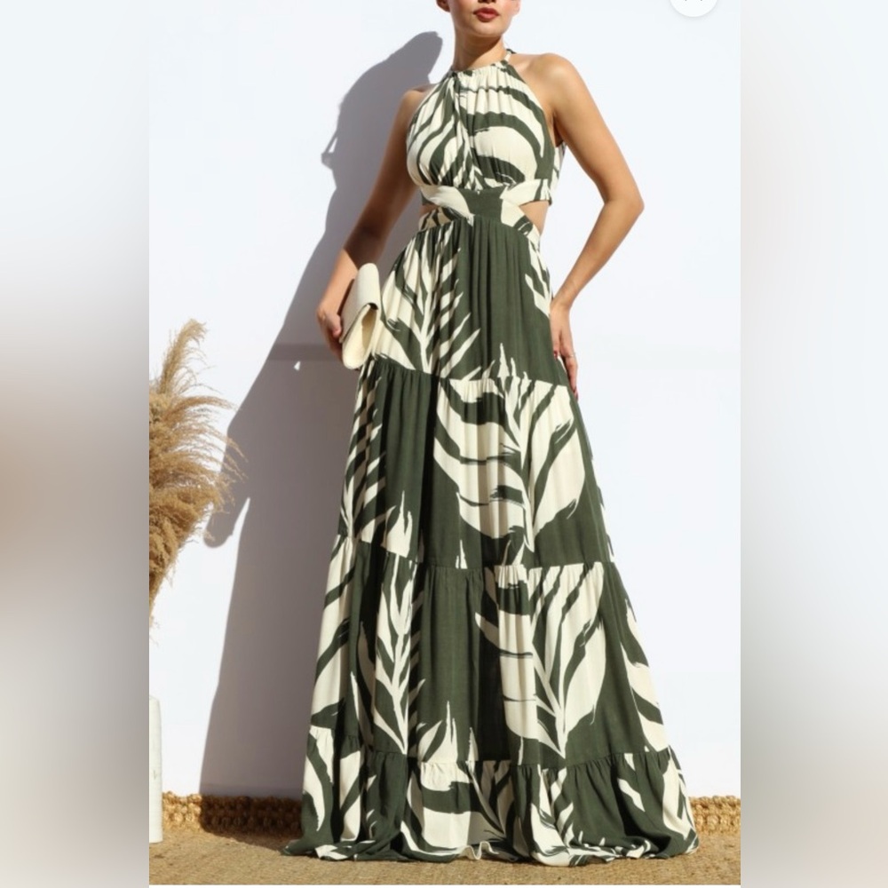 Women’s Olive Green and Cream Tropical Maxi Dress
